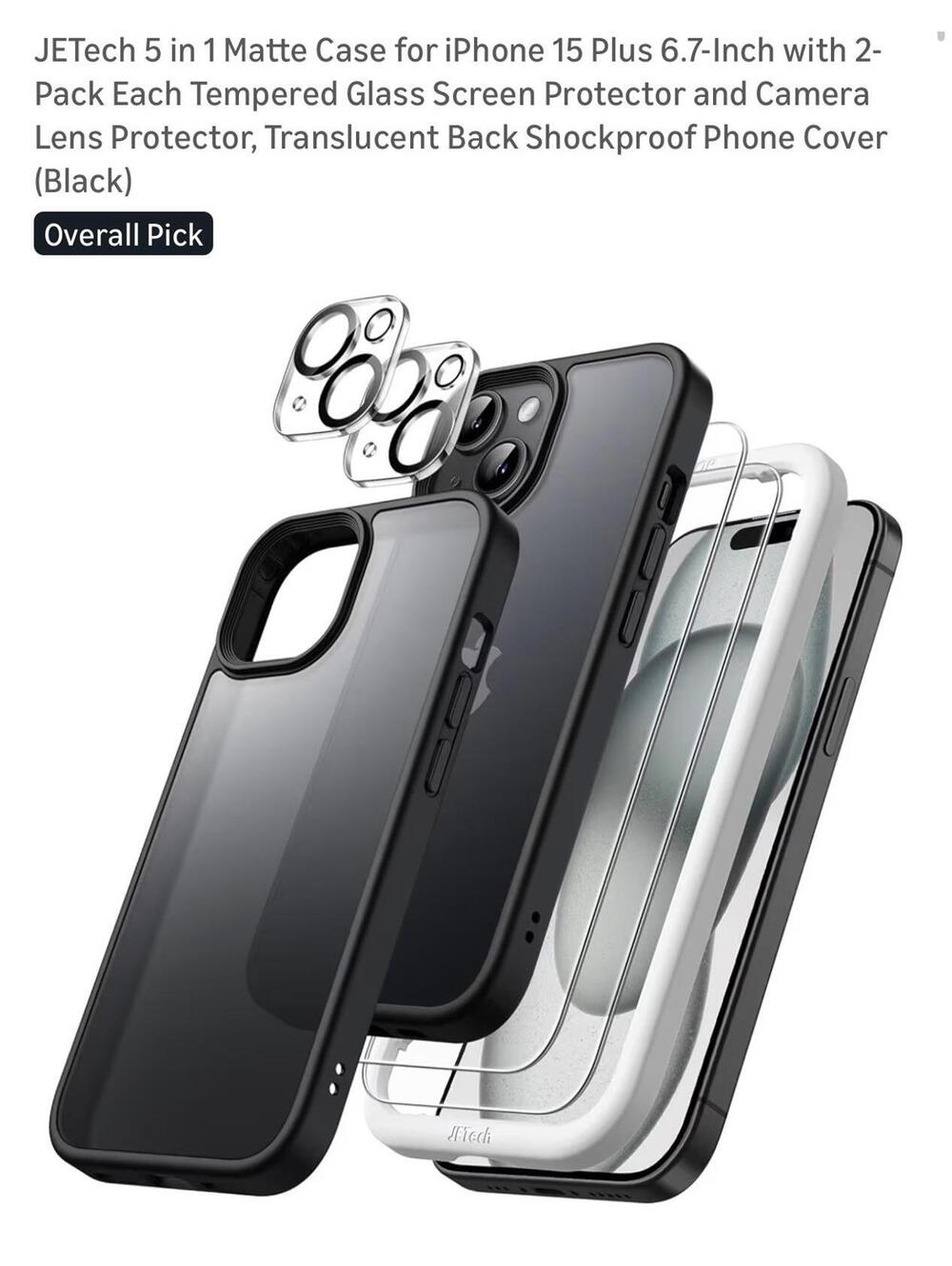 JETech 5 in 1 Matte Case for iPhone 15 Plus 6.7-Inch with 2-Pack Tempere